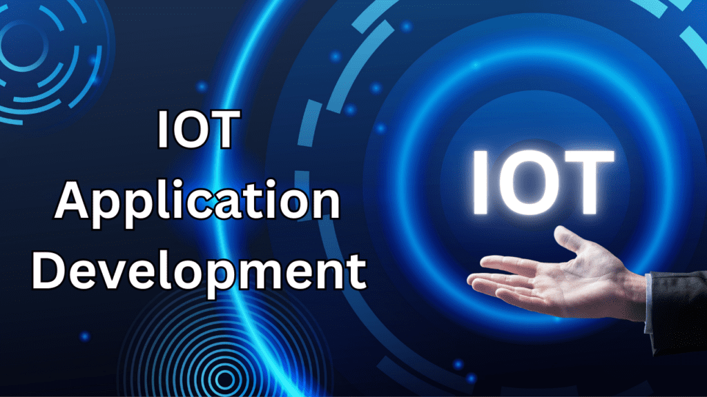A professional digital illustration focused on IoT (Internet of Things) application development. On the left side, a dark grey and blue geometric design contains bold text that reads 'IoT Applicat